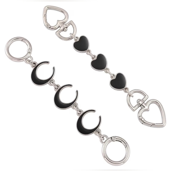 2 Pcs Black And Silver Purse Strap Extenders. Cs/moons And Hearts. New - Picture 1 of 3